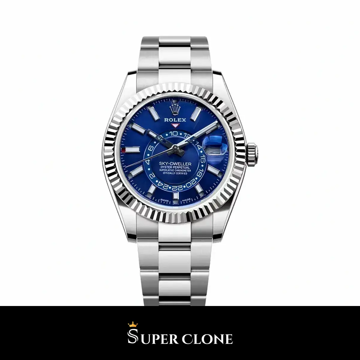 Rolex Sky-Dweller 326934 42mm esfera azul sunburst con bisel estriado de oro blanco réplica