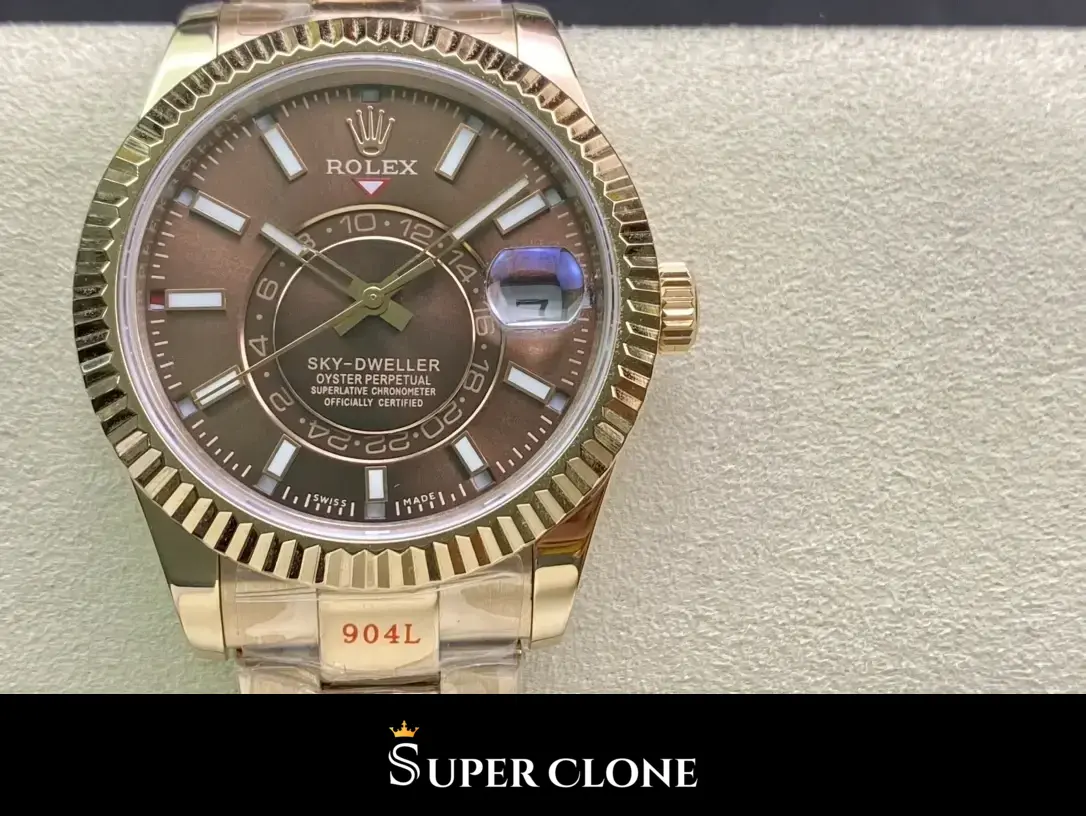 Rolex Sky-Dweller 326935 replica esfera chocolate, detalle del bisel Everose