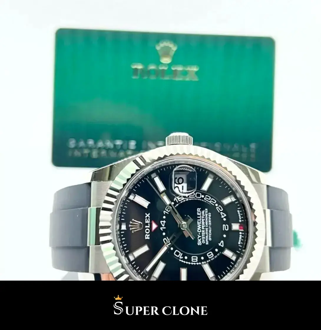 Rolex Sky-Dweller 336239 replica, perfil de la caja con correa Oysterflex y esfera negra